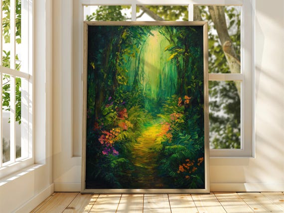 Green Forest Path Poster Oil Painting Art Print Enchanted Wall Warm Summer Landscape Nature Bright Home Decor