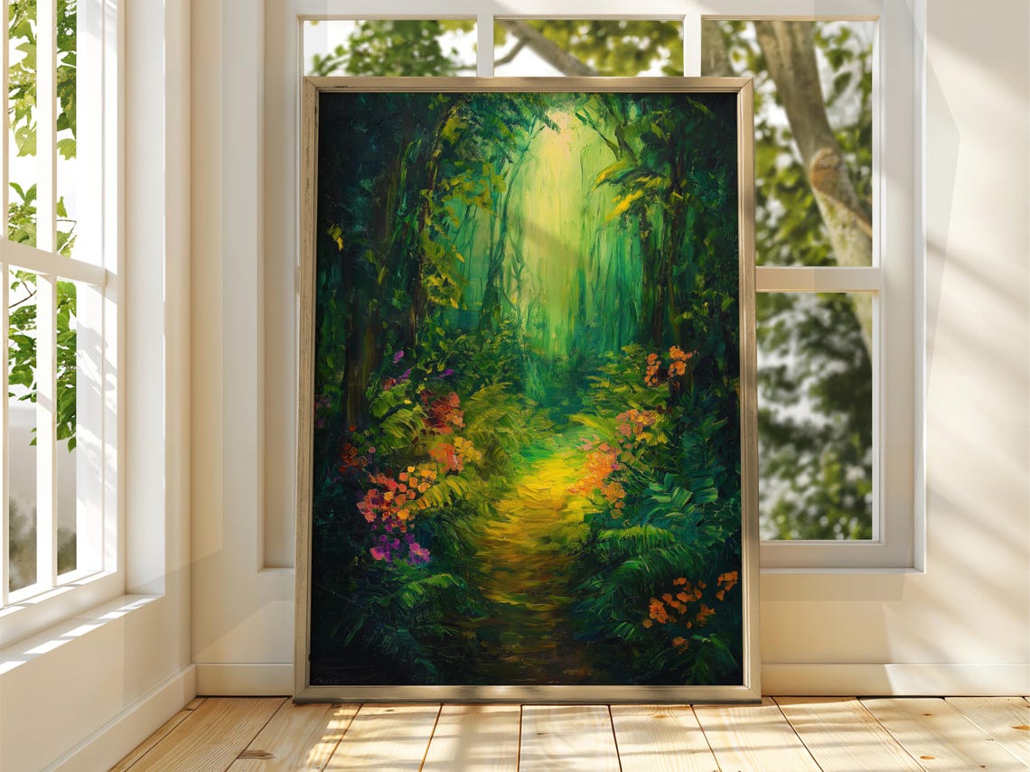 Green Forest Path Sunlit Impressionist Oil Painting Nature Poster