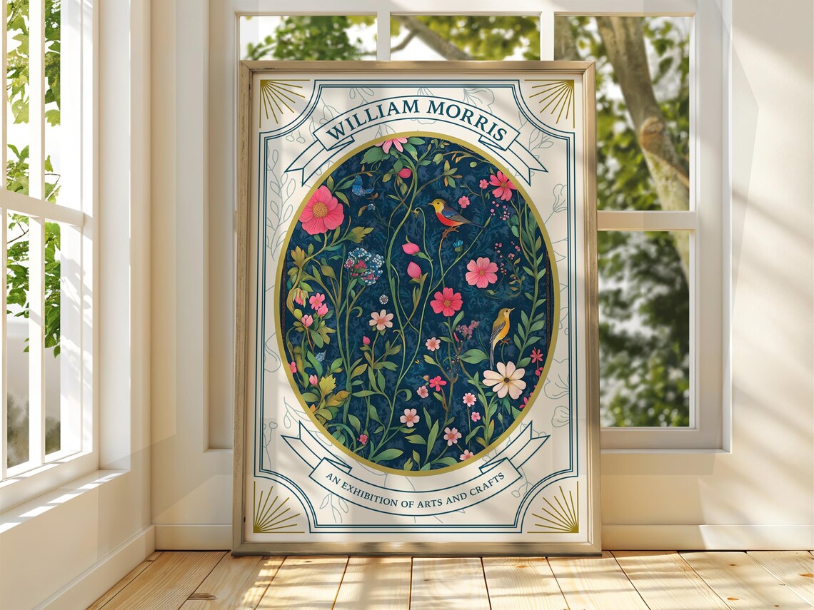 William Morris Wildflower Birds Navy Floral Exhibition Poster