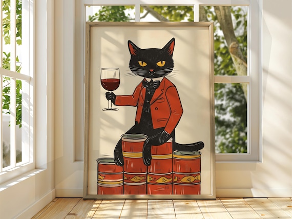 Black Cat Red Suit Wine Glass Sardine Tins Dapper Animal Poster