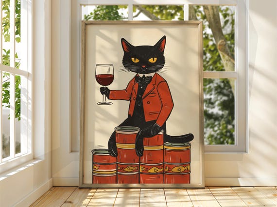 Cat With Wine Poster Wall Art Illustration Fun Animal Funny Feline Drinking Prints Black