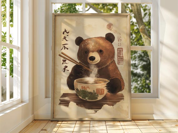 Bear Eating Ramen Art Vintage Japanese Wall Animal Poster Funny Print