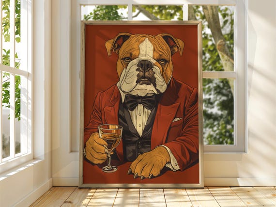 Fancy Bulldog Poster Drinking Dog With Wine Animal Illustration Wall Art Funny Quirky Drinks