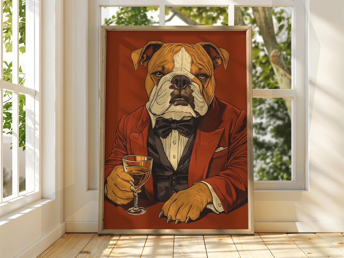 Fancy Bulldog In Tuxedo Drinking Wine Funny Dog Portrait Poster