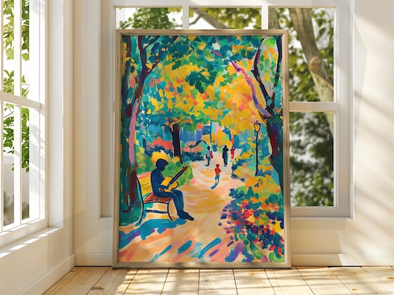 Fauvist Park Guitarist Bench Colorful Modern Expressionist Art Poster