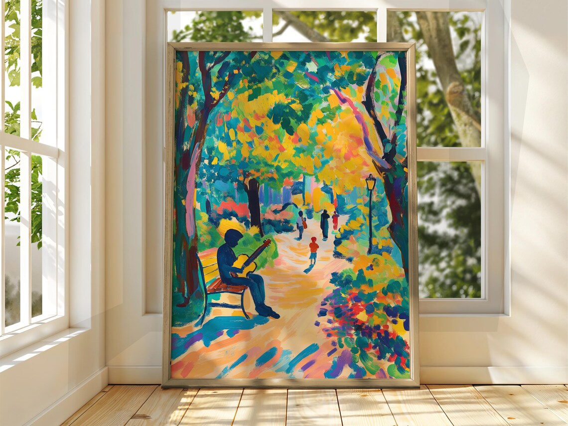 Fauvist Park Guitarist Bench Colorful Modern Expressionist Art Poster
