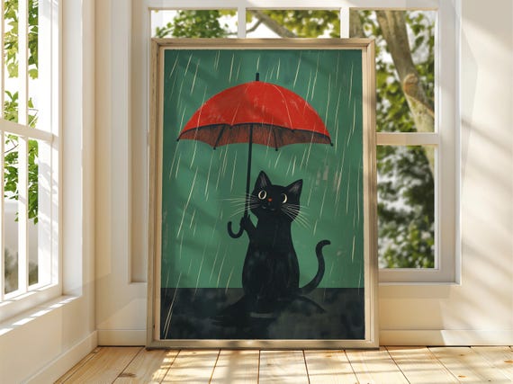 Cat With Umbrella Poster Wall Art Illustration Fun Animal Feline Decor Kitten Black Pet Green