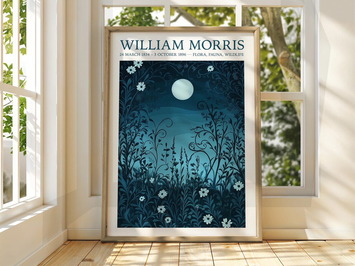 William Morris Style Full Moon Forest Travel Poster