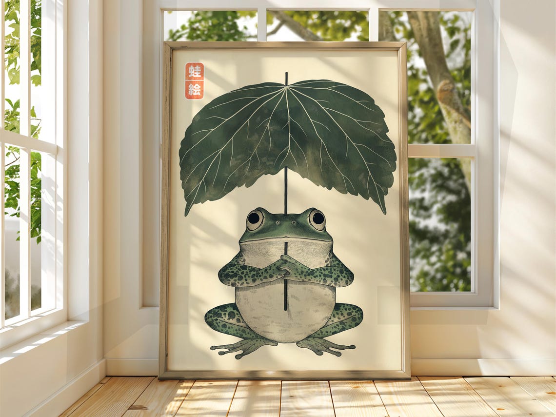 Japanese Frog With Leaf Umbrella Vintage Matsumoto Hoji Style Poster