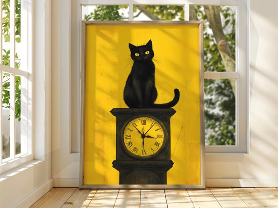 Cat On A Clock Poster Wall Art Illustration Fun Animal Feline Decor Kitten Black Pet Yellow