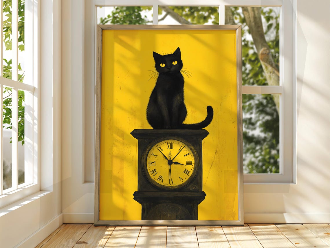 Black Cat Sitting on Antique Clock Mustard Yellow Whimsical Art Poster