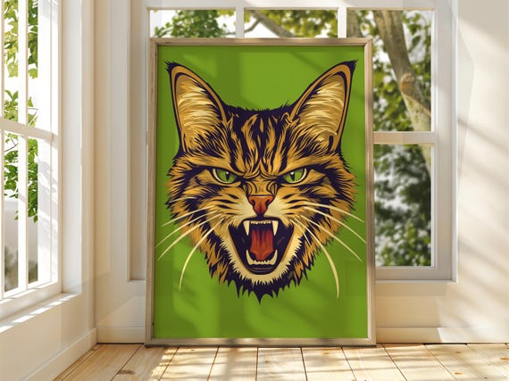 Angry Green Cat Poster Wall Art Illustration Fun Animal Feline Decor Kitten Black Pet