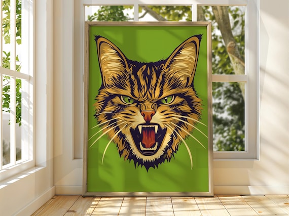 Snarling Tabby Cat Fangs Green Pop Art Fierce Feline Funny Poster