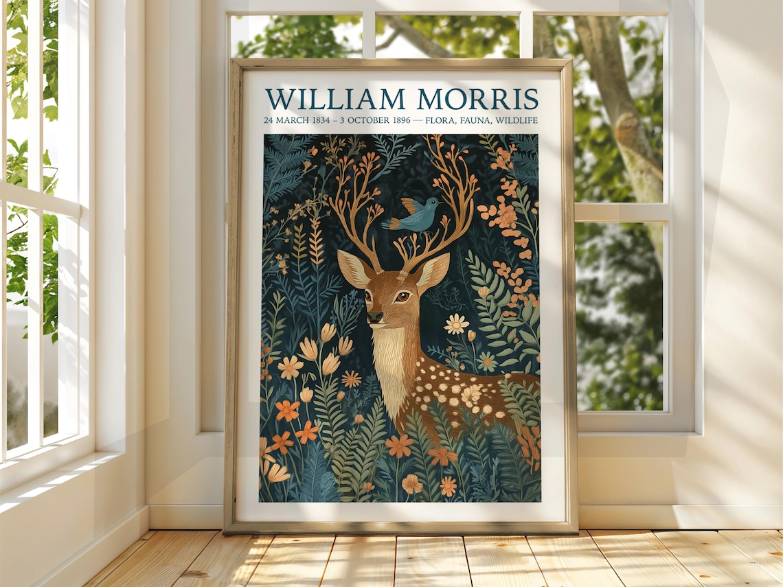 William Morris Style Deer Art Print, Floral Wall Art