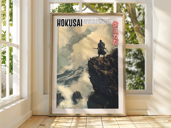 Hokusai Samurai on Cliff Poster Japanese Warrior Waves Ukiyo-e Art