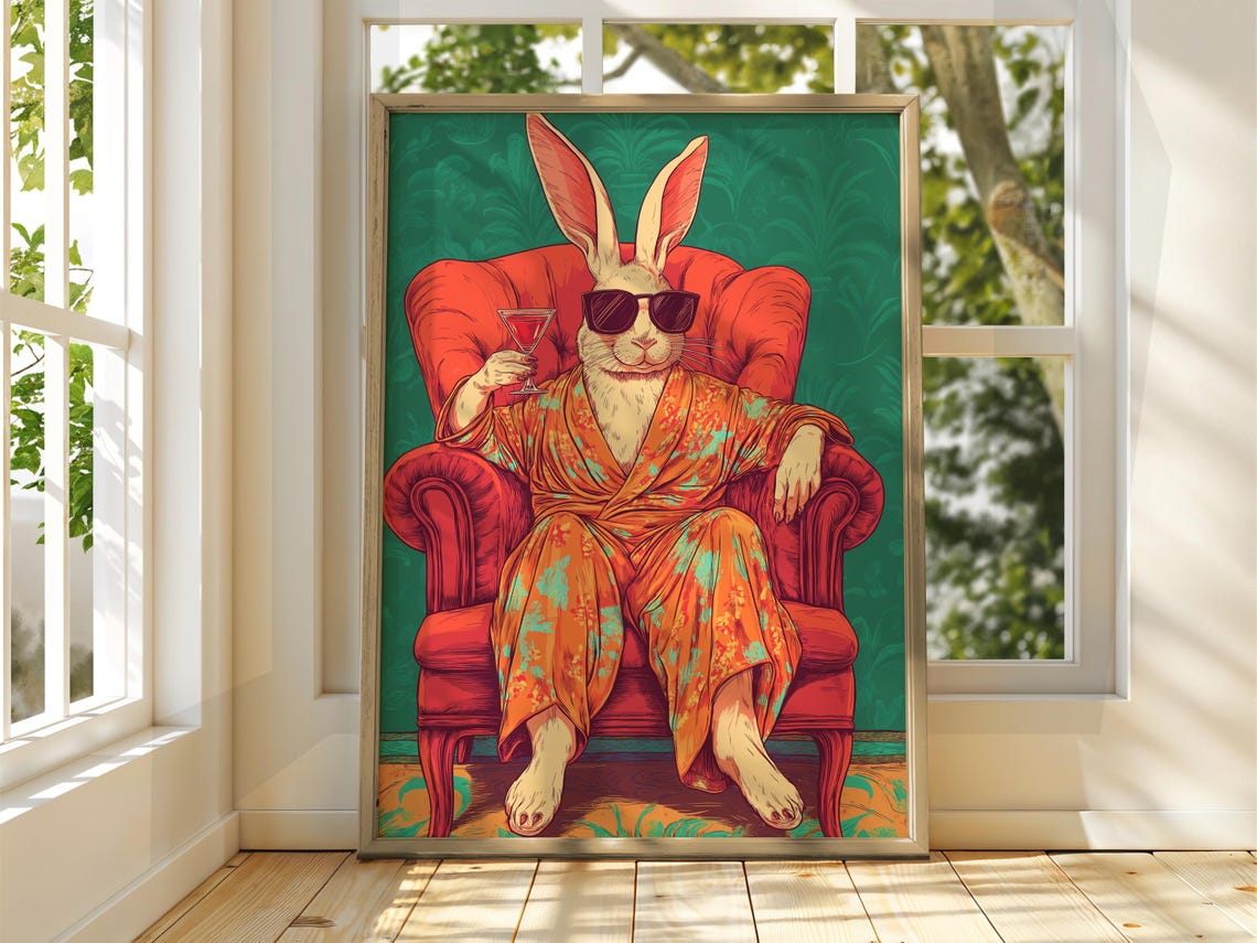 Fancy Rabbit Poster Drinking Animal Art Illustration Funny Quirky Drinks Whiskey