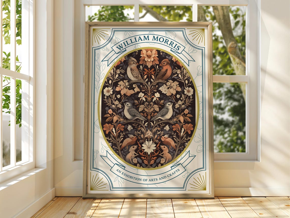 William Morris Songbirds Dark Floral Medallion Exhibition Poster