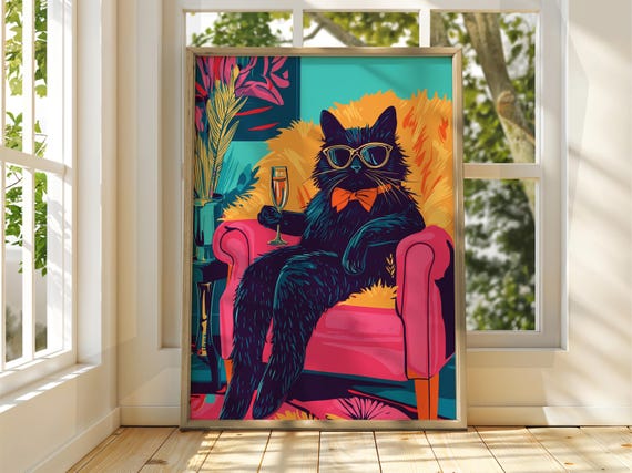 Cat With Wine Poster Wall Art Illustration Fun Animal Funny Drinking Prints Pop Bright