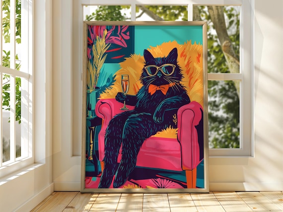 Cool Black Cat Sunglasses Bow Tie Champagne Pop Art Style Poster