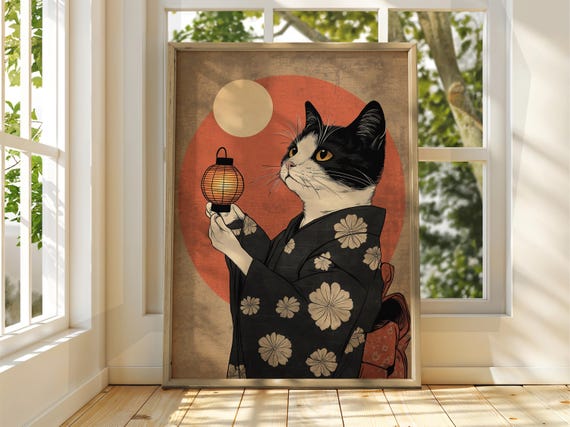 Cat With Lantern Art Vintage Japanese Wall Animal Poster Funny Print Ramen