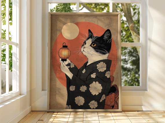 Tuxedo Cat Kimono Lantern Red Sun Vintage Japanese Art Print