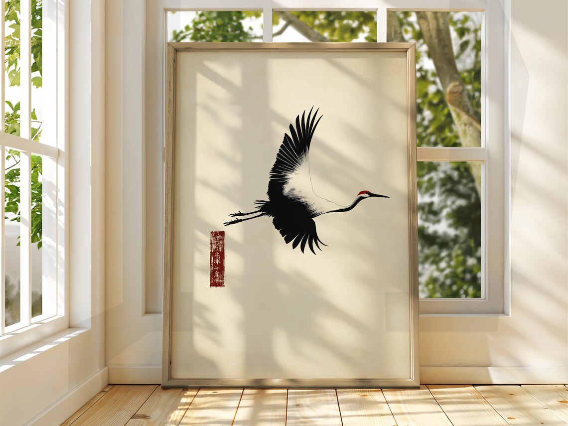 Japanese Vintage Crane Art Print, Retro Japan