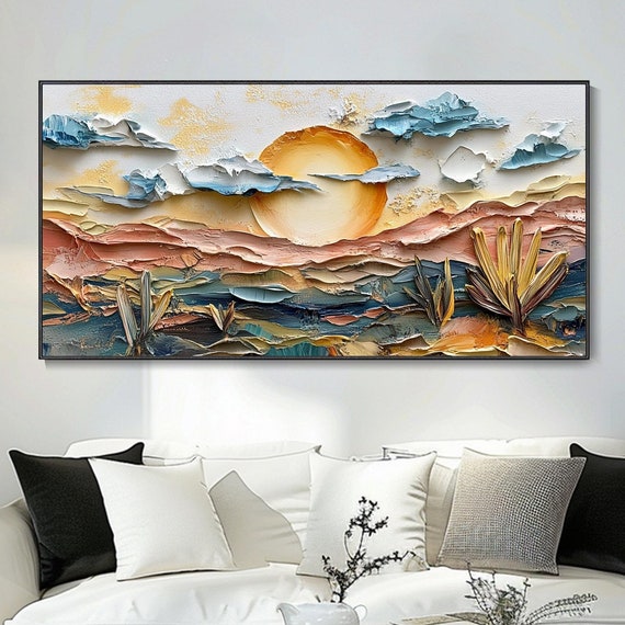 3d Impressionist Oil Painting Textured Palette Knife Landscape Designer Choice Serene Mountain Desert Nature Scenery Wall Art Living Room