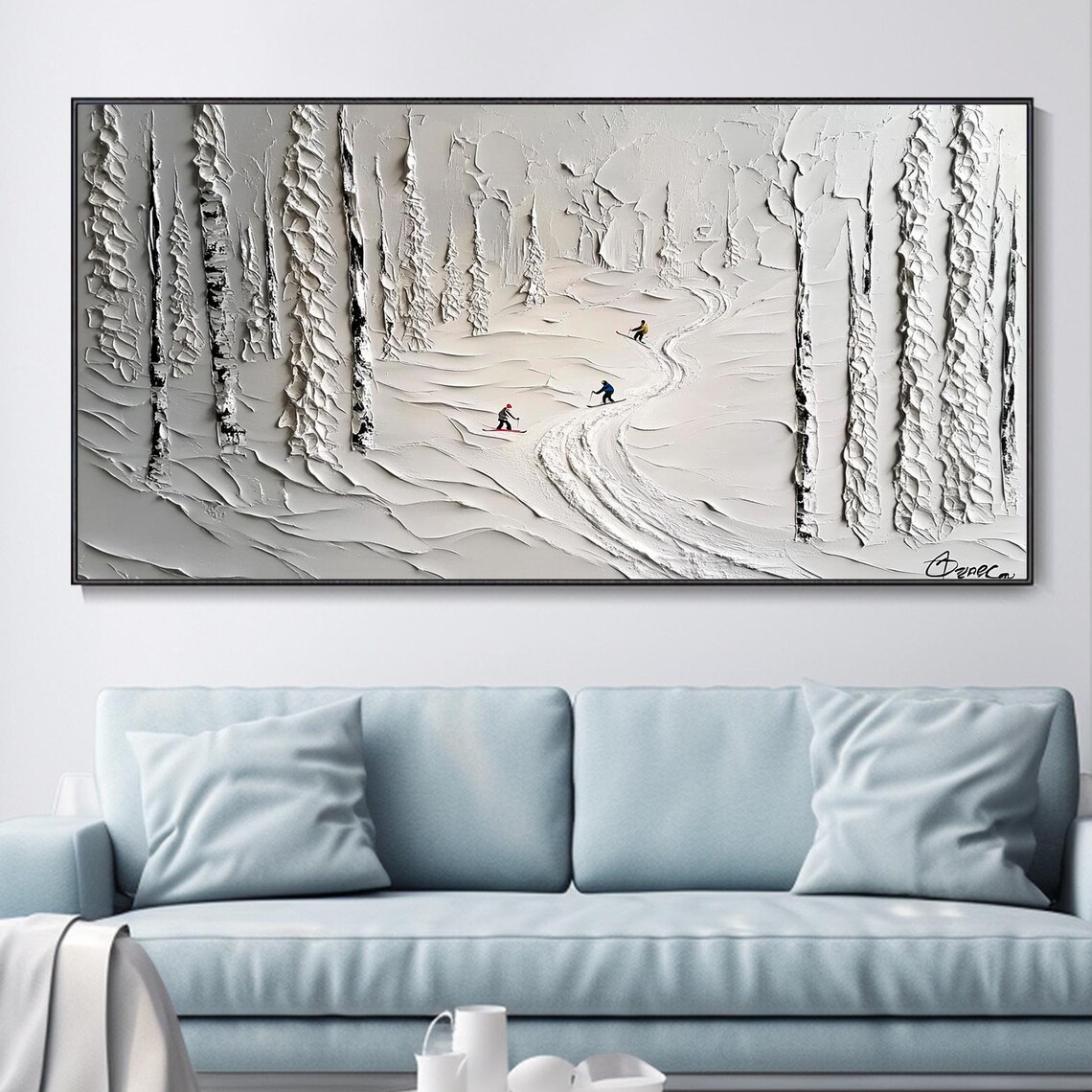 Snowy Forest Skiers White Monochrome Winter Ski Trail Art Poster - Image 3