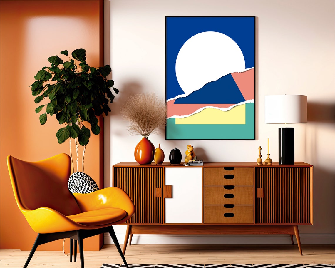 Abstract Torn Paper Collage White Sun Cobalt Blue Geometric Poster - Image 2