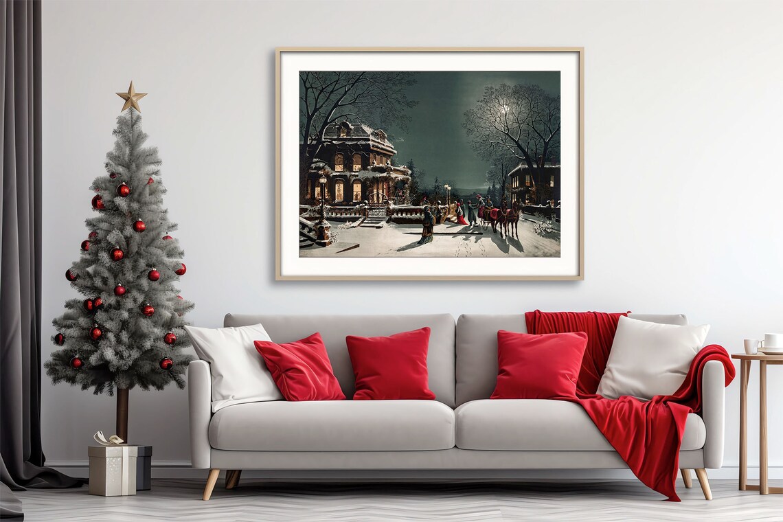 Vintage Victorian Christmas Eve Snowy Street Holiday Art Poster - Image 3