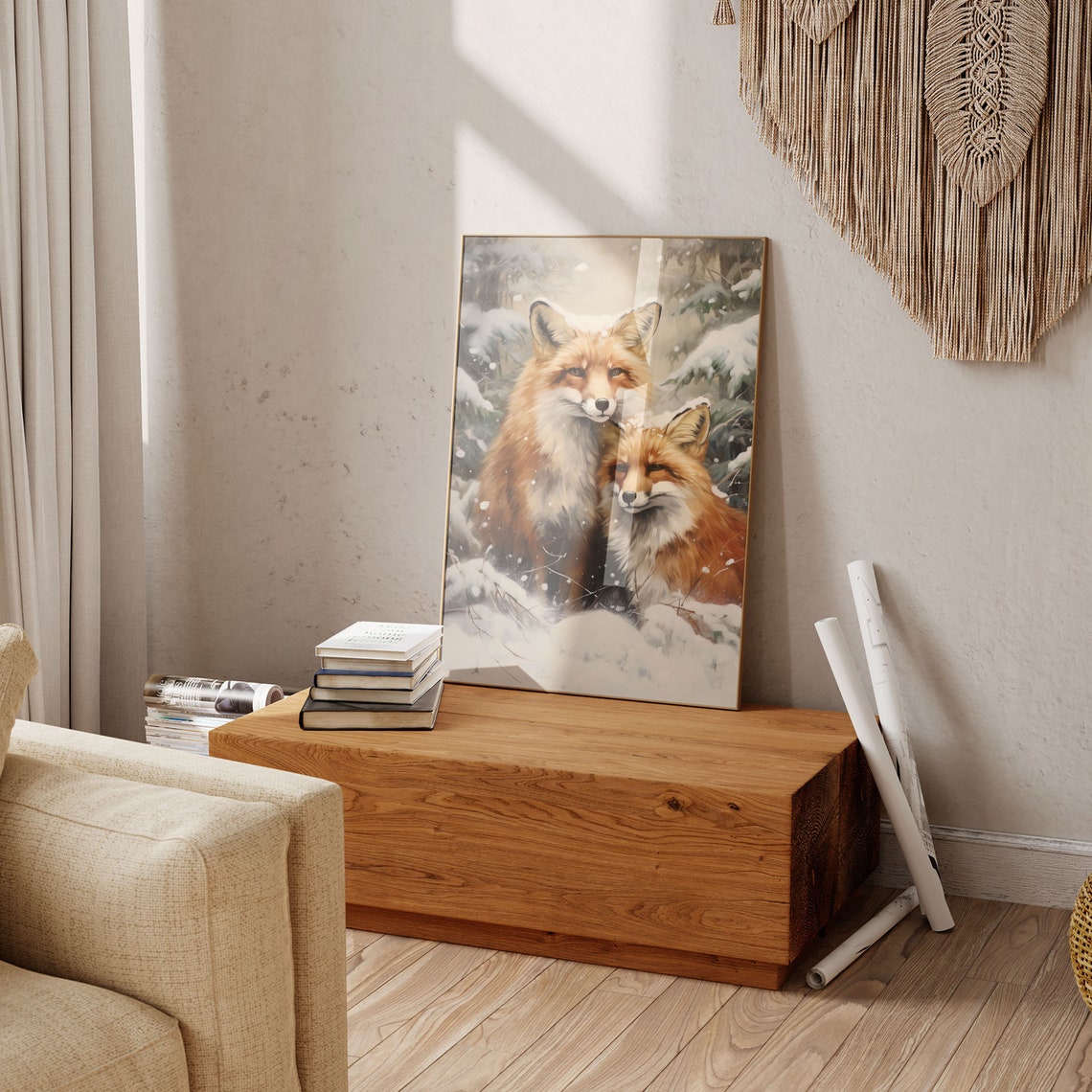 Two Foxes Cuddling in Falling Snow Winter Woodland Animal Poster - Image 3