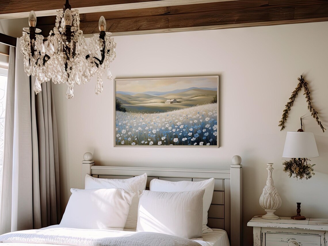 White Blue Wildflower Field Farmhouse Afternoon Light Art Print - Image 6