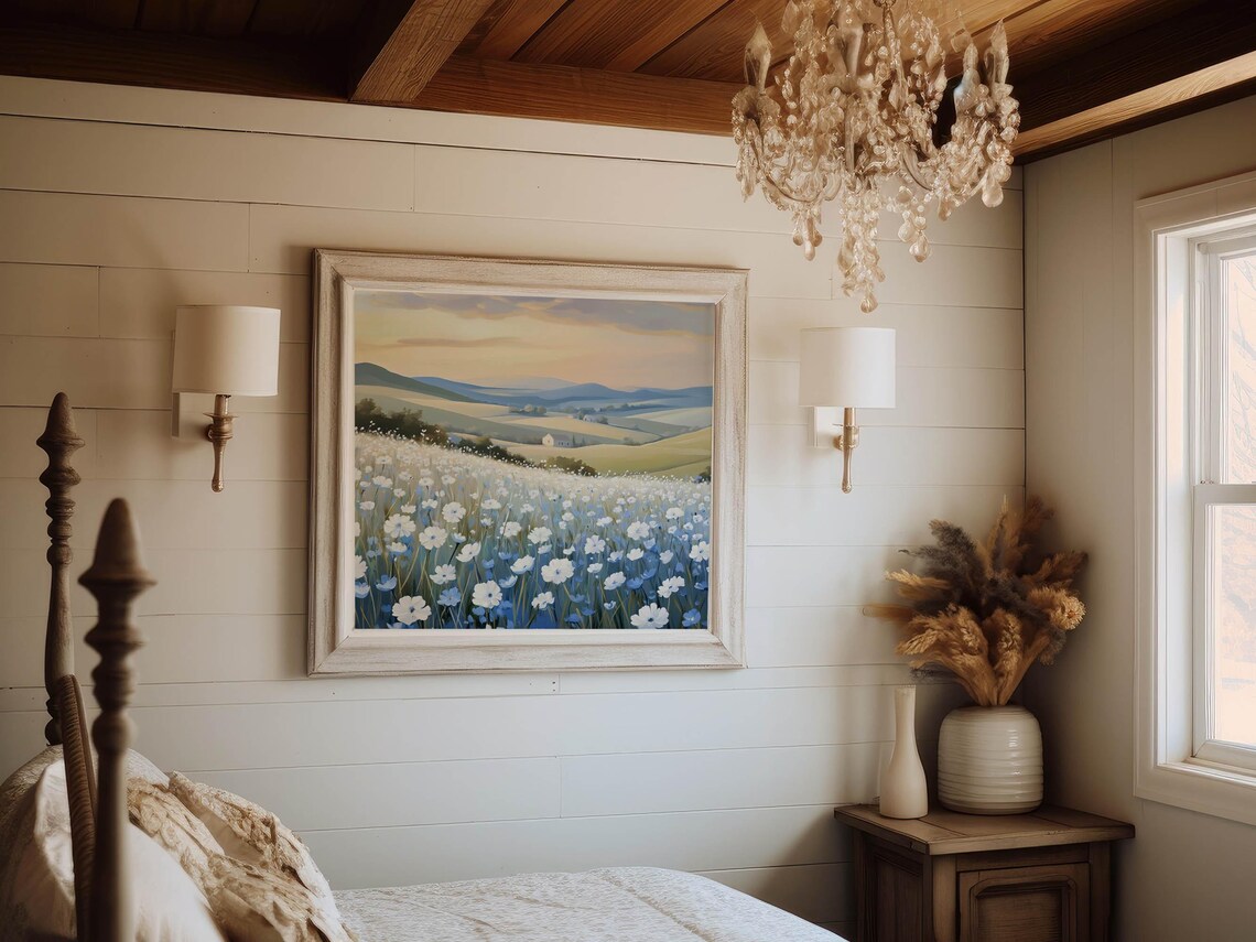 Blue and White Wildflower Meadow Sunset Hillside Country Art Print - Image 6