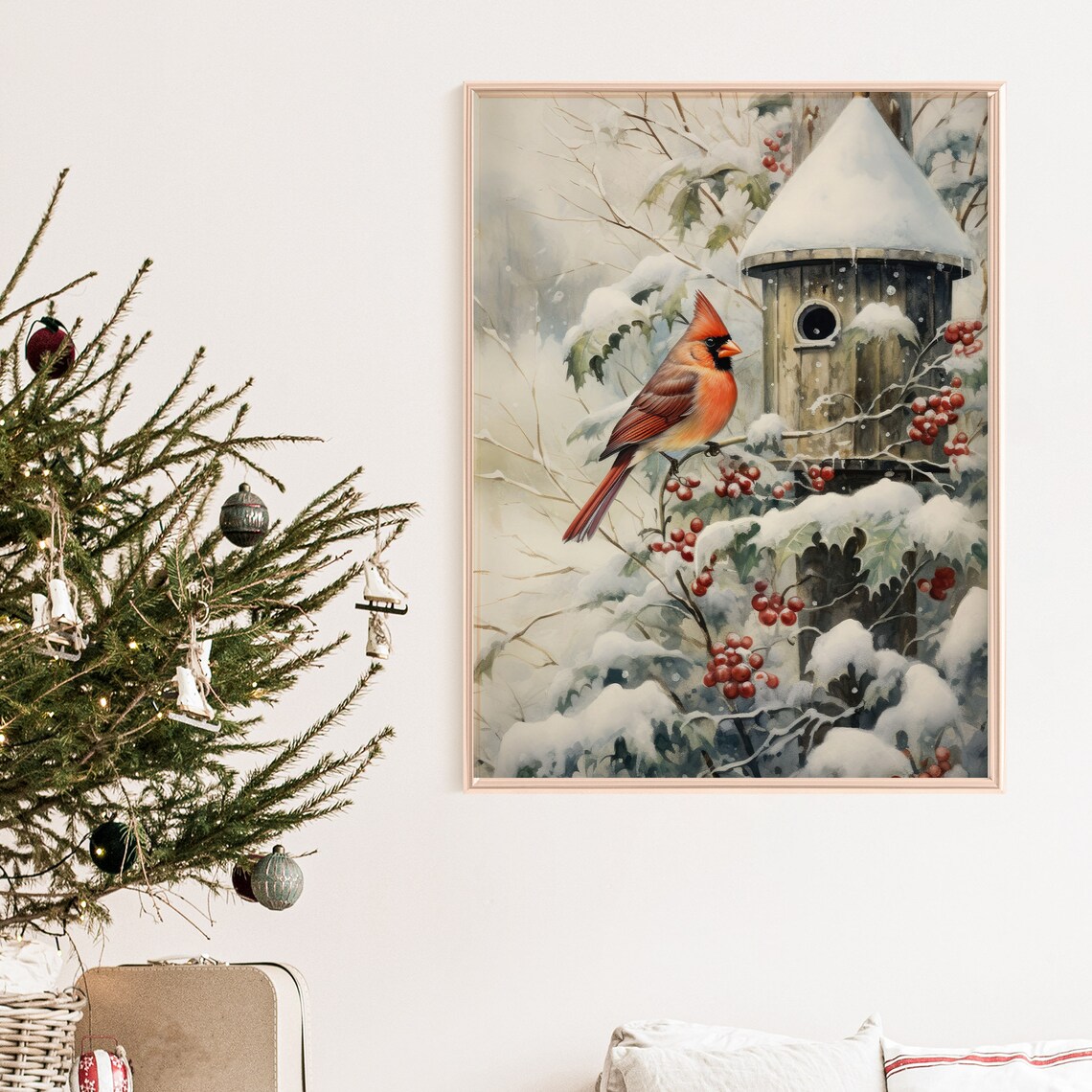 Red Cardinal Snowy Birdhouse Winter Wonderland Berries Art Print - Image 8