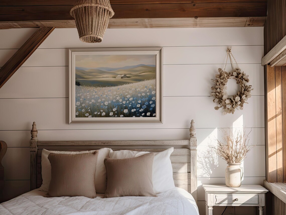 White Blue Wildflower Field Farmhouse Afternoon Light Art Print - Image 7