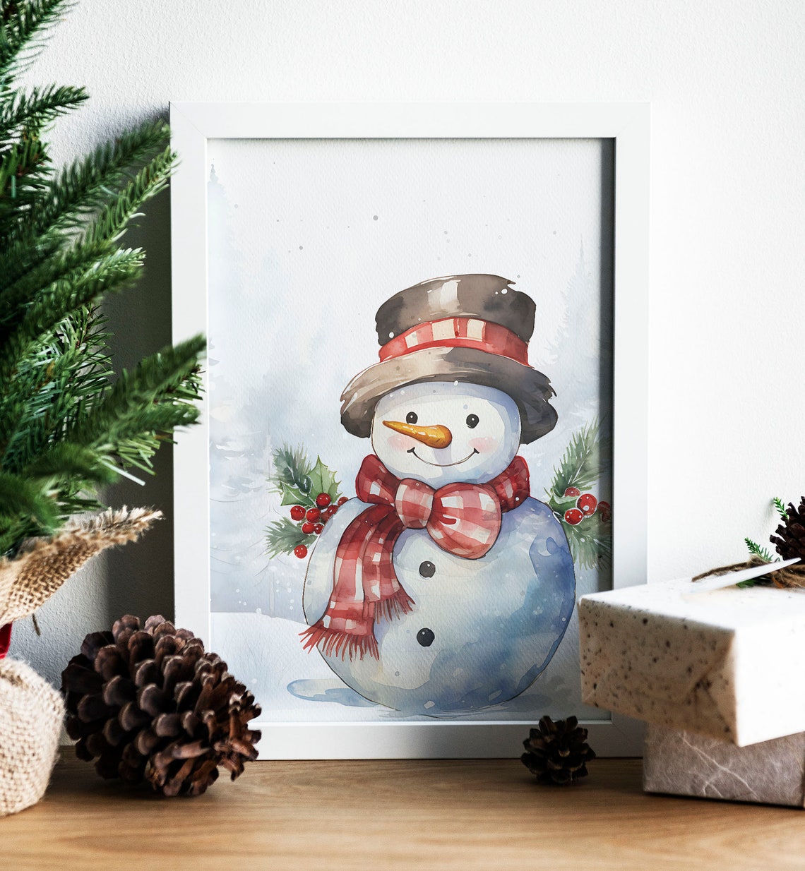 Cute Watercolor Snowman Top Hat Plaid Scarf Winter Art Poster - Image 7