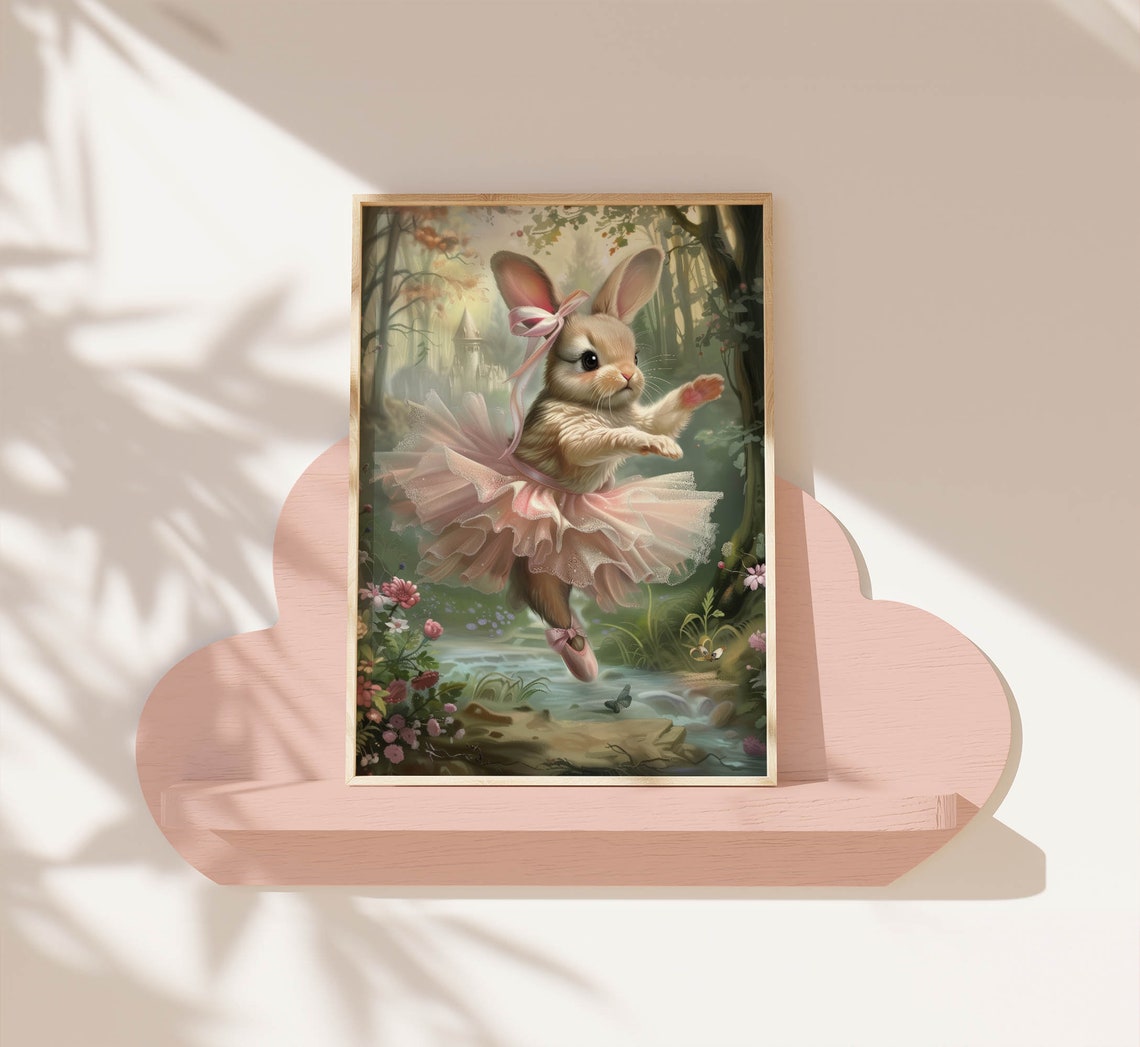 Dancing Bunny Ballerina Pink Bow Tutu Magical Woodland Stream Poster - Image 7