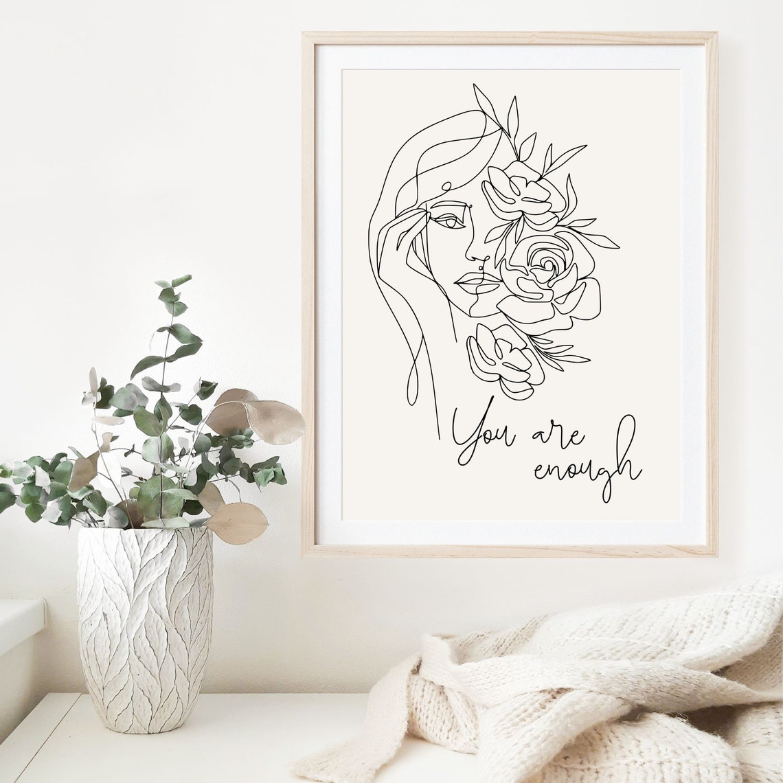 You Are Enough Line Art Woman Flowers Minimalist Wall Poster - Image 4