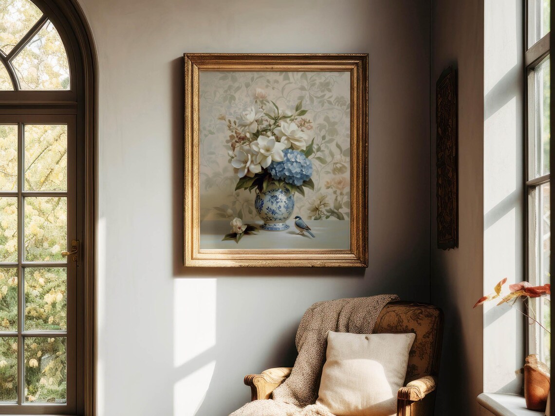 Chinoiserie Blue Vase with Hydrangea and Gardenias Art Print - Image 4