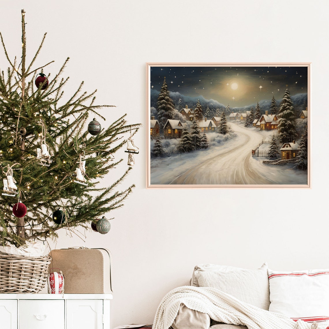 Vintage Christmas Village Wall Art Vintage Christmas Winter Night Wall Art Farmhouse Christmas Decor Xmas Town Painting Xmasv1 - Image 5
