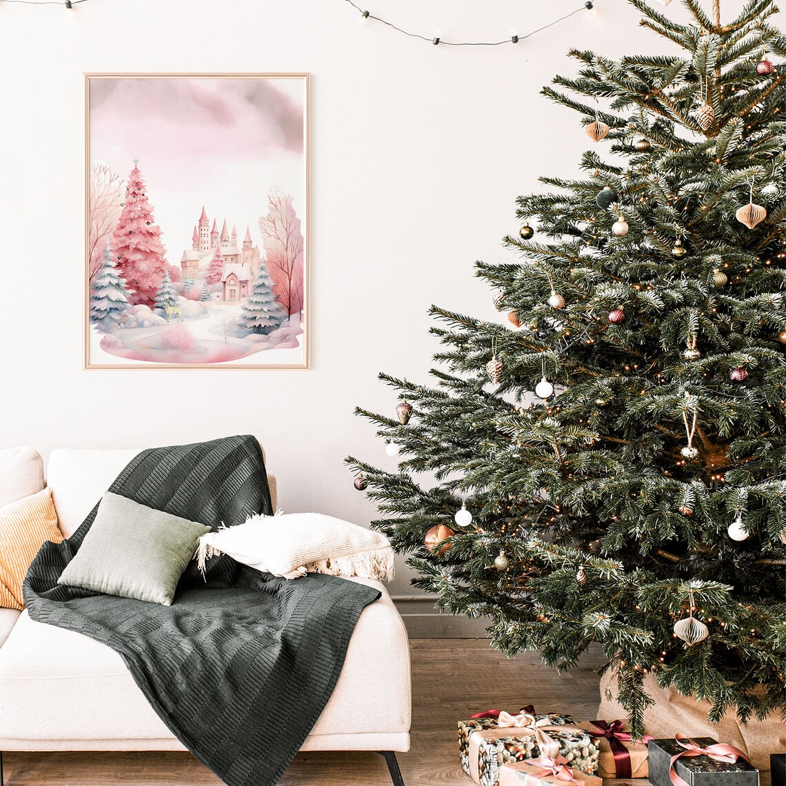 Pink Christmas Winter Wonderland Castle Pink Tree Watercolor Poster - Image 2