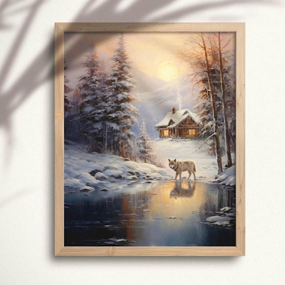 White Wolf by a Winter Stream with Log Cabin Sunset Landscape Poster