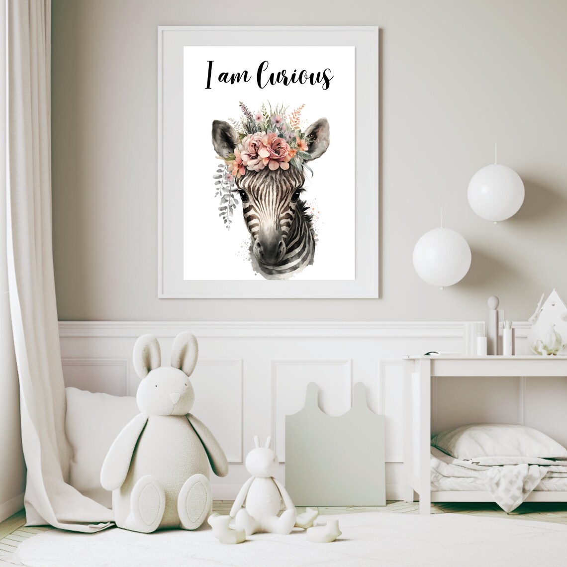 I Am Curious Zebra Flower Crown Nursery Watercolor Art Print - Image 5