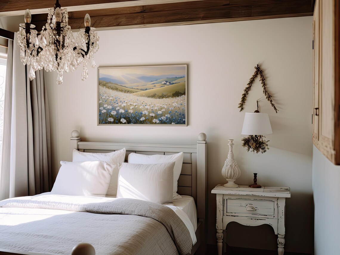 Blue White Wildflower Meadow Morning Sun Countryside Art Print