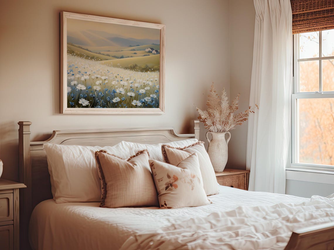 Blue White Wildflower Meadow Morning Sun Countryside Art Print - Image 6