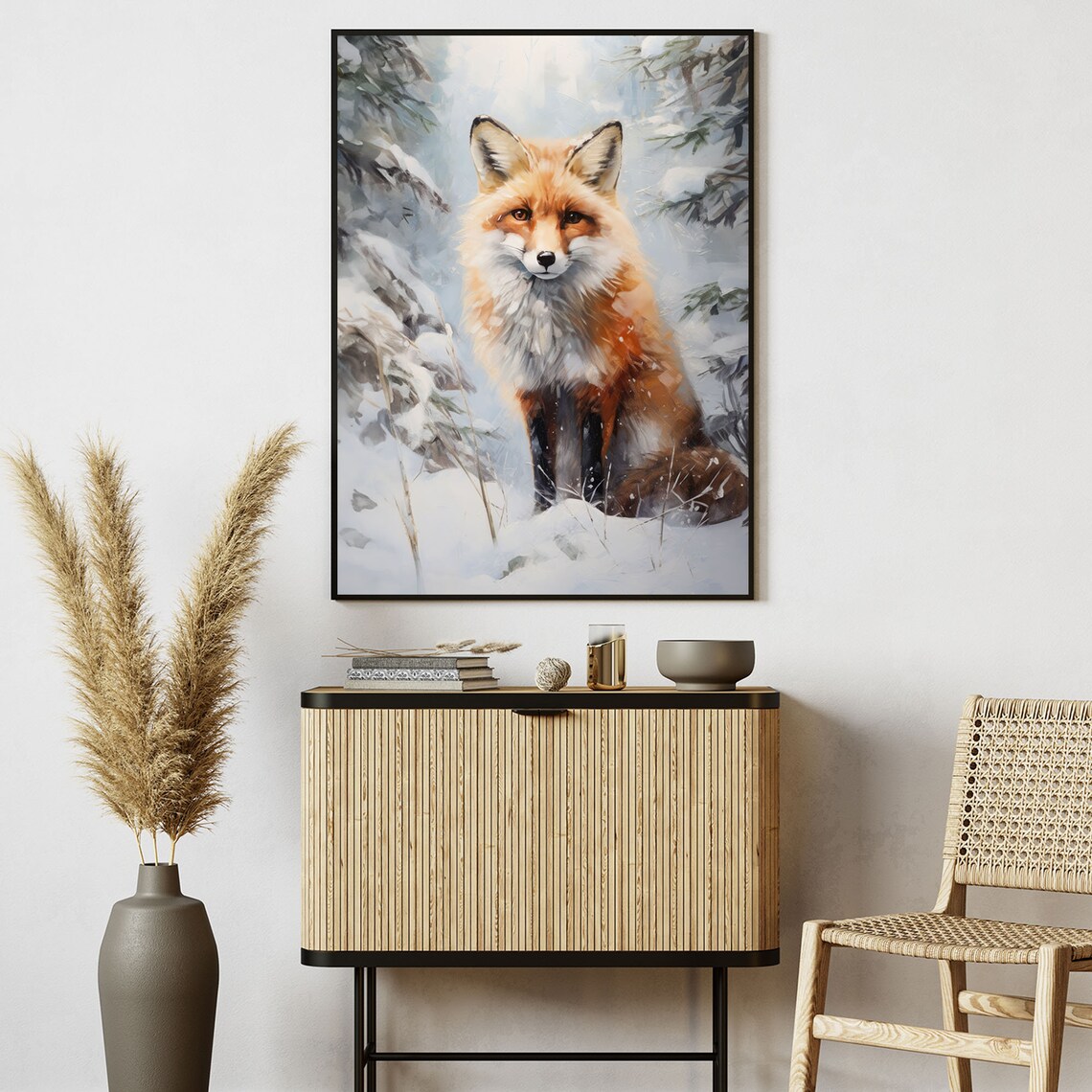 Red Fox Sitting in a Snowy Fir Forest Watercolor Animal Art Print - Image 7