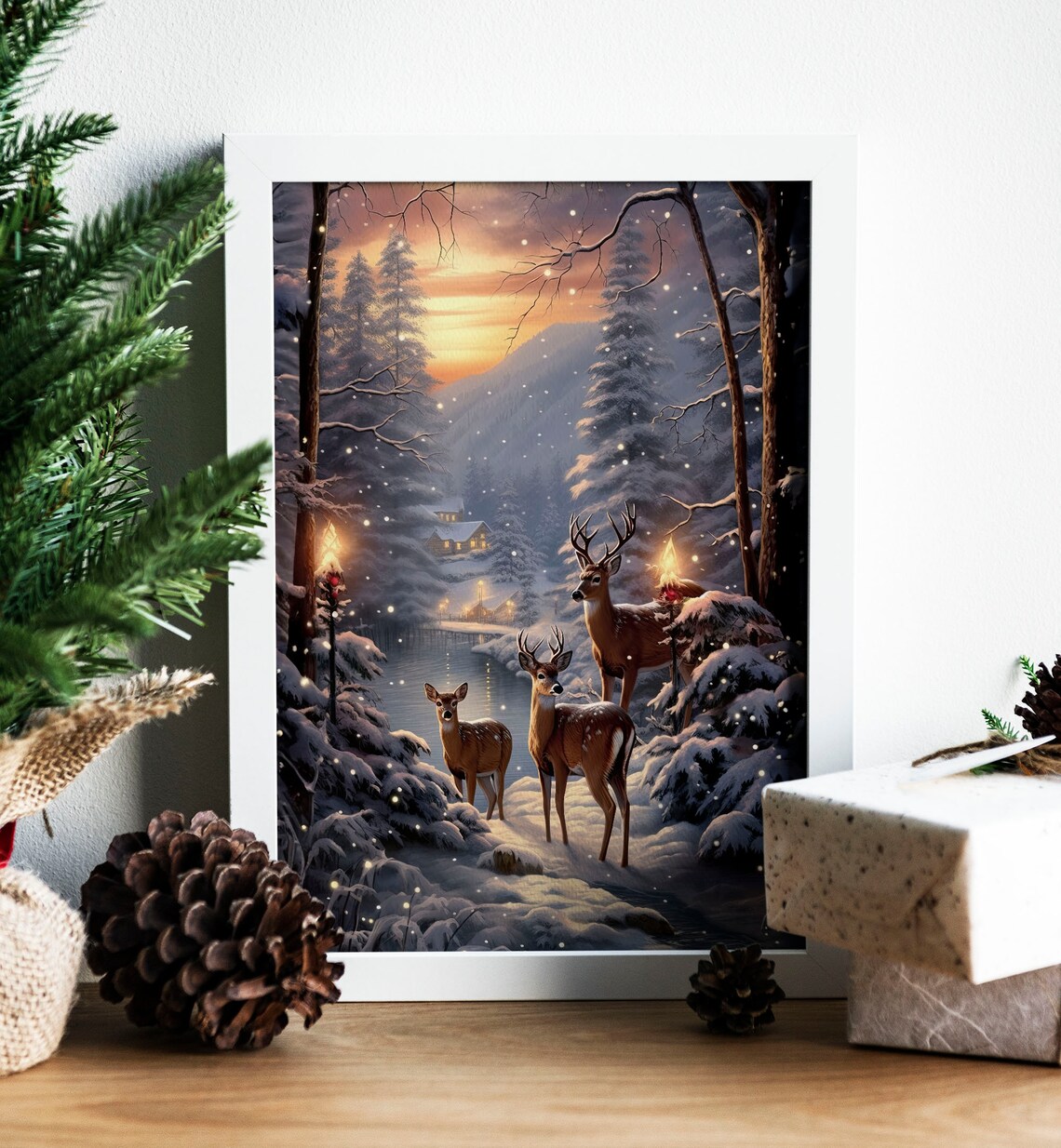 Deer Family Snowy Forest Sunset Winter Woodland Holiday Poster - Image 6