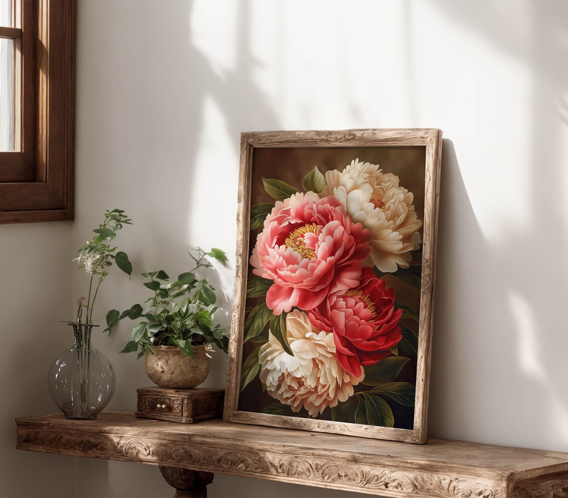 Pink Red Cream Peonies Dark Brown Background Botanical Floral Poster - Image 7
