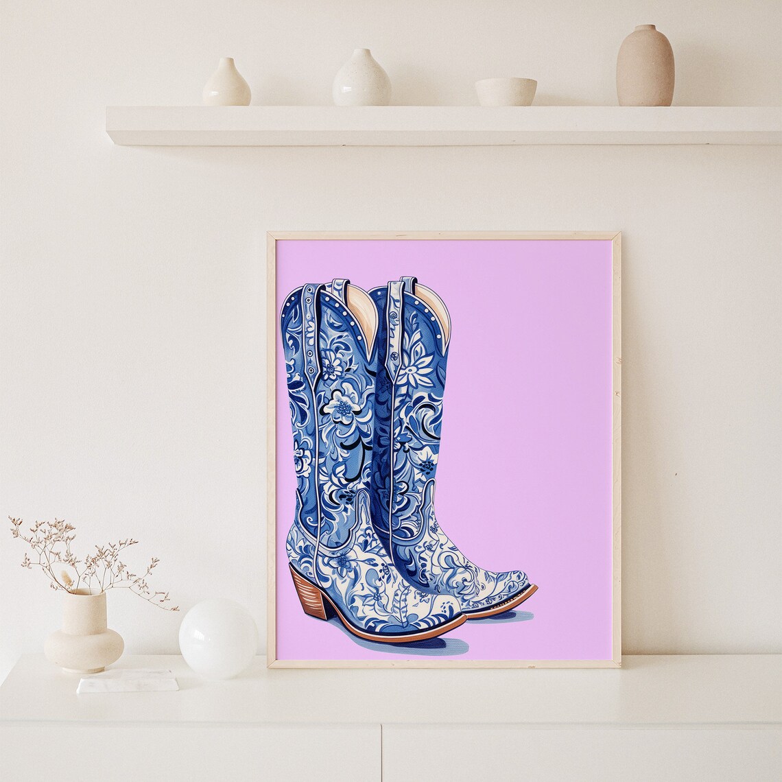 Blue Floral Cowboy Boots Preppy Western Cowgirl Style Wall Art - Image 2