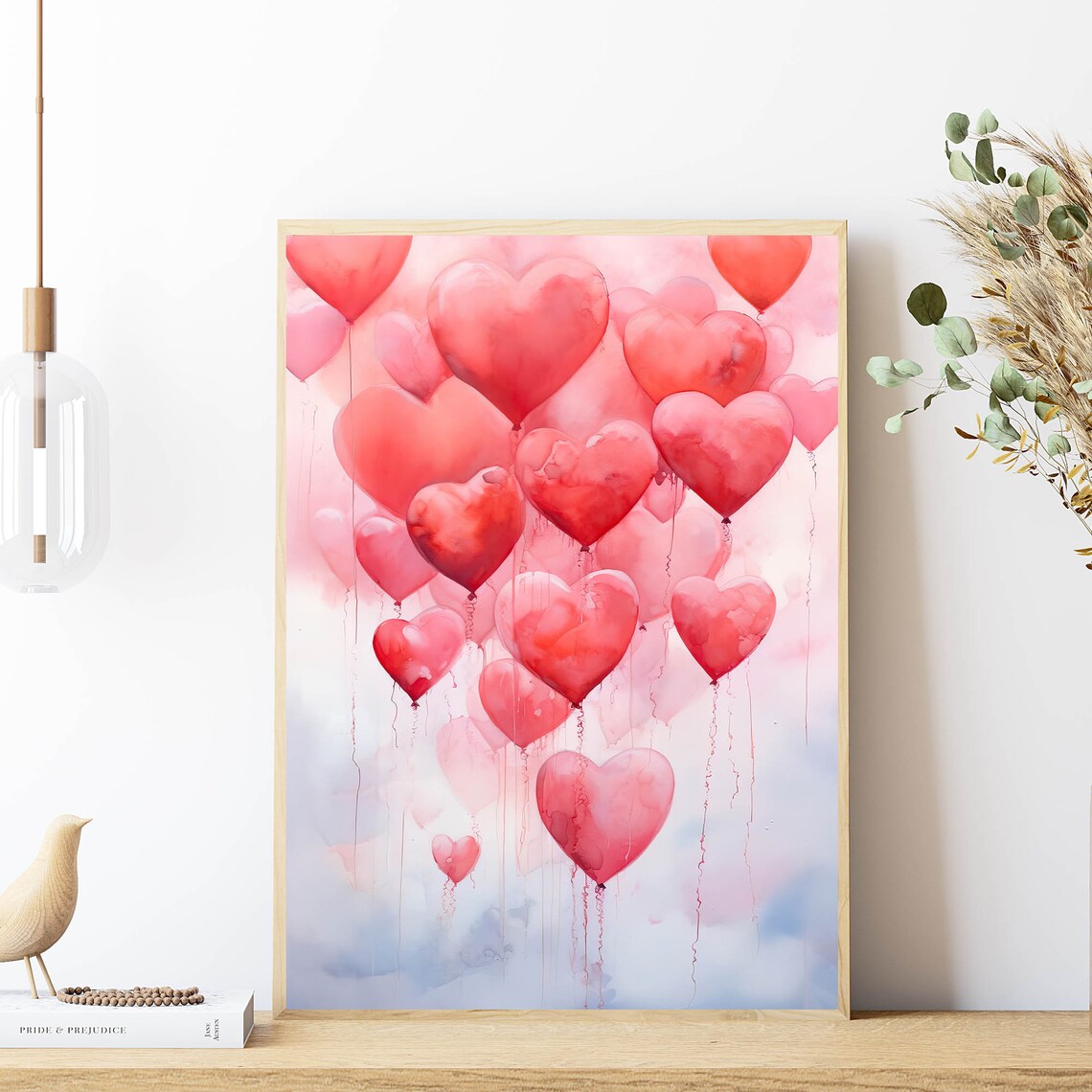 Romantic Pink Heart Balloons Bunch Watercolor Valentine Poster - Image 5